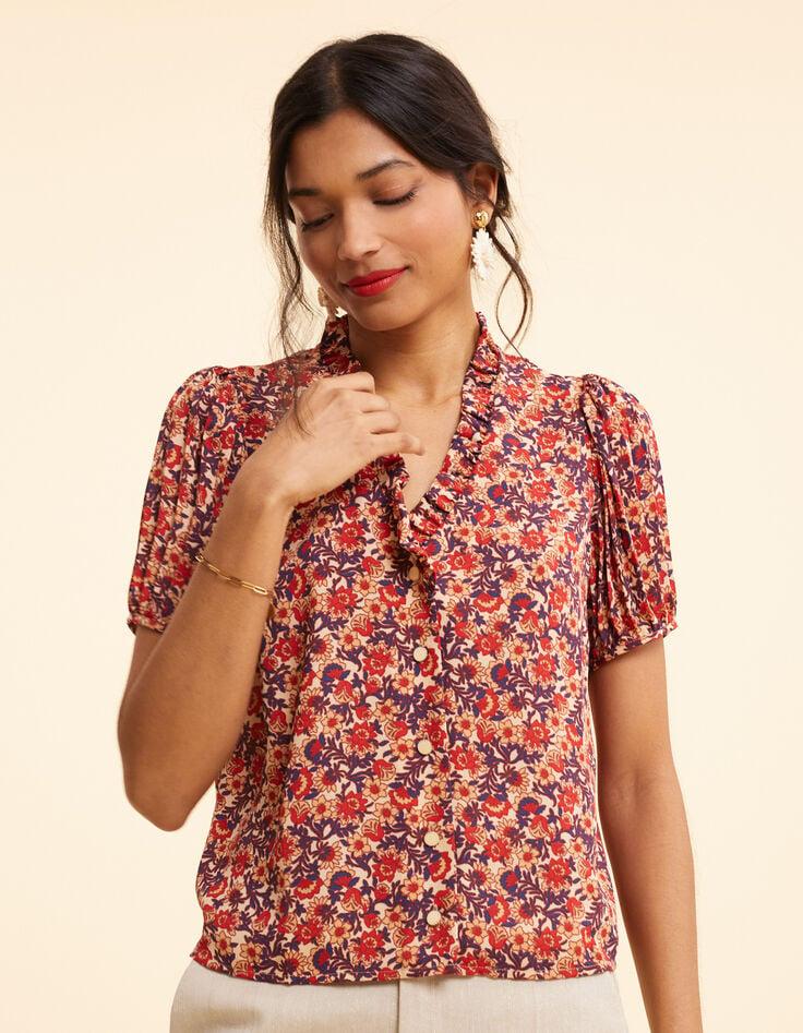 ikks Top rouge imprimé fleuri manches plissées I.Code