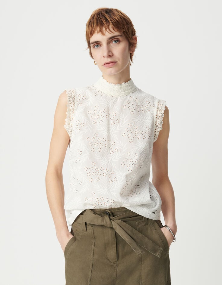 Ikks Top Sans Manche Blanc Coton Bio Broderie Anglaise Femme