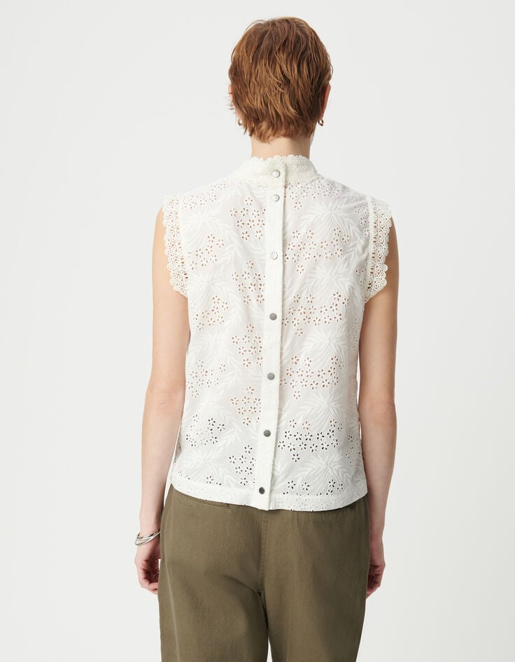 Ikks Top Sans Manche Blanc Coton Bio Broderie Anglaise Femme