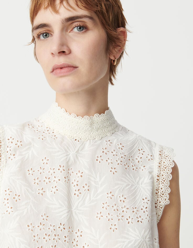 Ikks Top Sans Manche Blanc Coton Bio Broderie Anglaise Femme