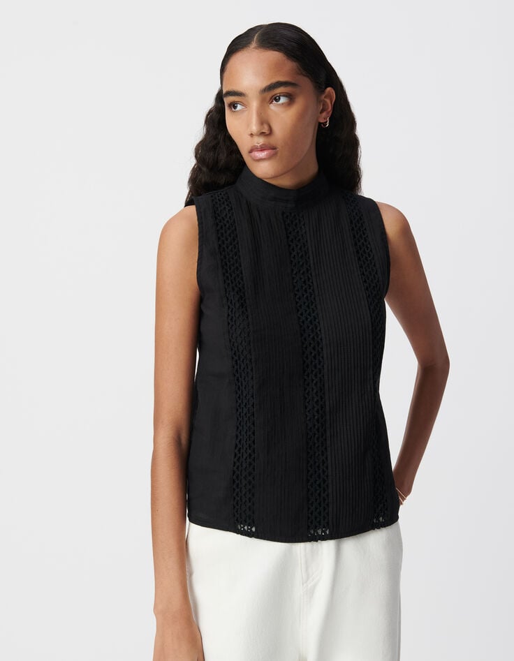 Ikks Top Sans Manches Noir Coton Bio Décor Passementerie Femme