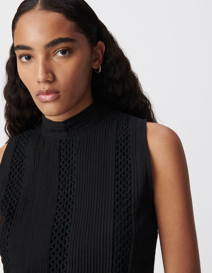 Ikks Top Sans Manches Noir Coton Bio Décor Passementerie Femme