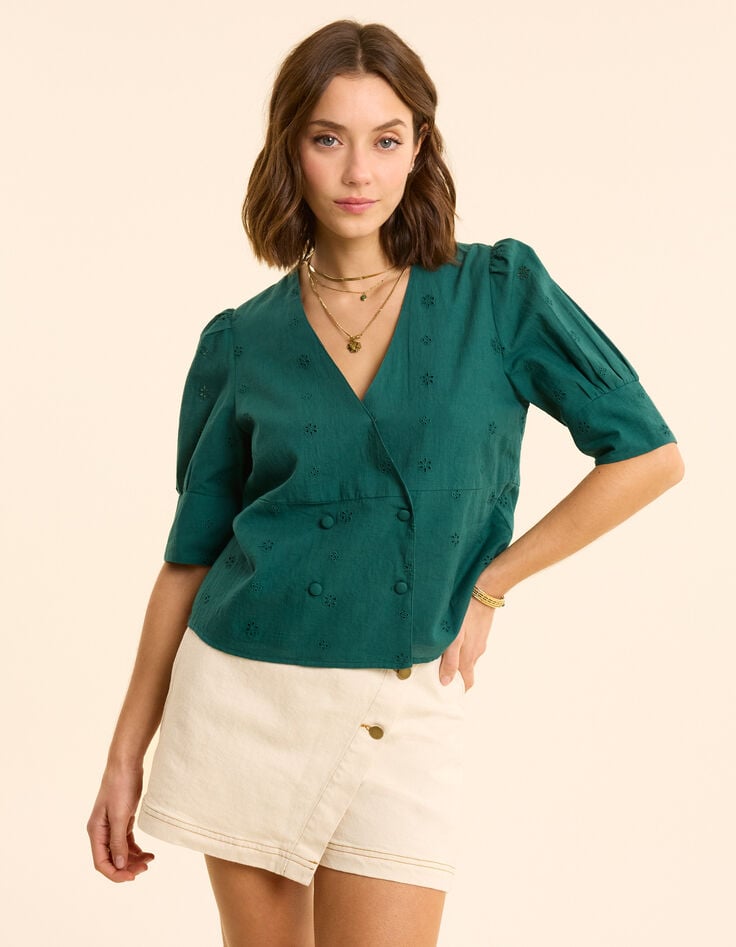 Ikks Top Vert Broderie Anglaise Boutonnage Croisé I.Code