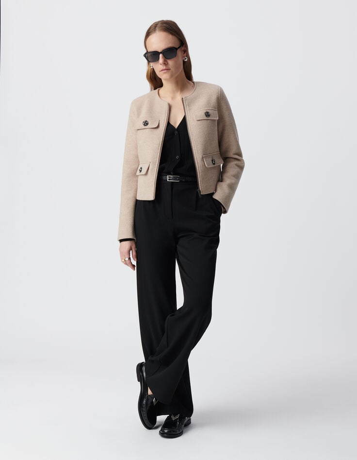 Ikks Veste Droite Beige Lainage Boutons Strass Femme