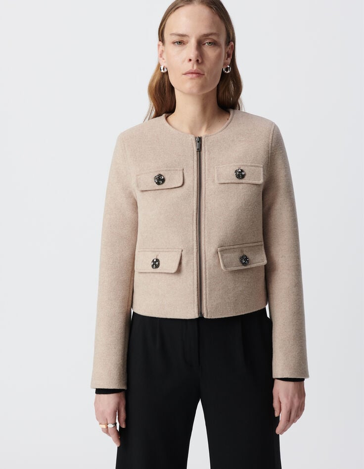 Ikks Veste Droite Beige Lainage Boutons Strass Femme