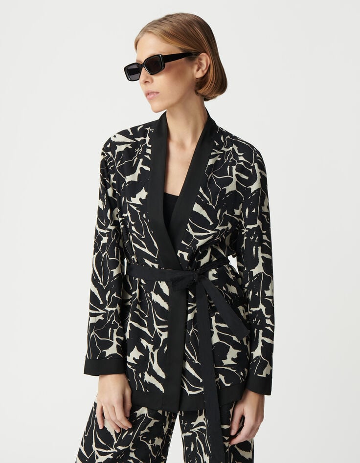 Ikks Veste Réversible Noire Imprimé Fleurs Zébré Femme