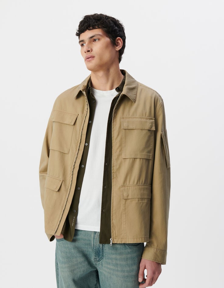 Ikks Veste Saharienne Beige Zippée Cinq Poches Homme