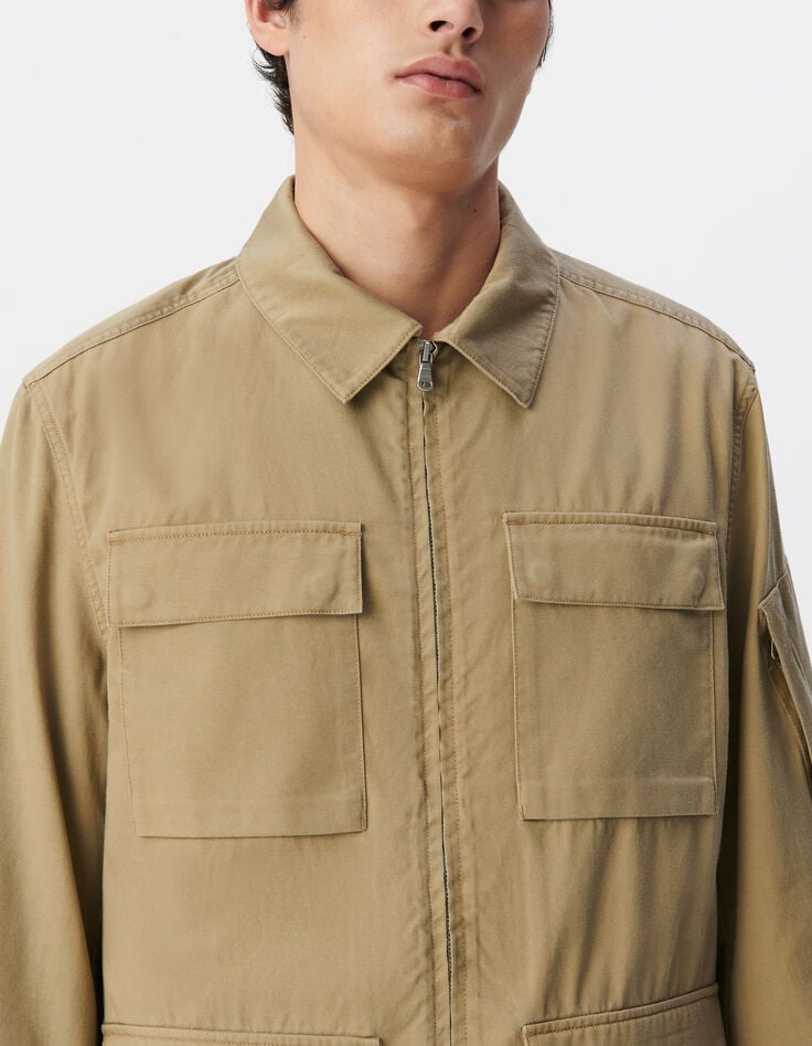 Ikks Veste Saharienne Beige Zippée Cinq Poches Homme