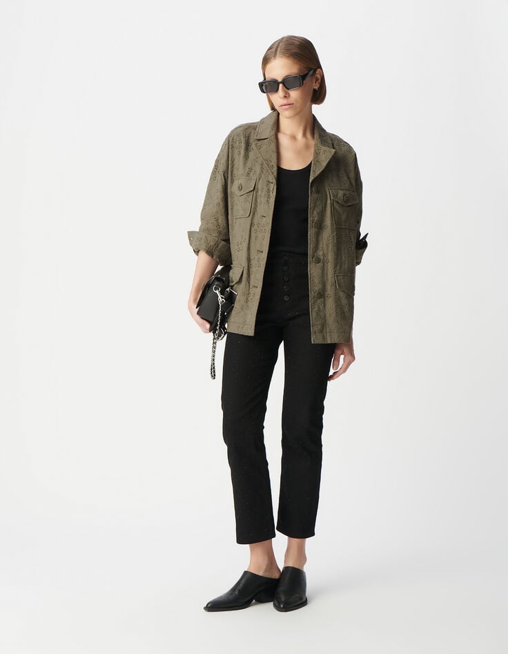 Ikks Veste Saharienne Kaki Coton Bio Broderie Anglaise Femme