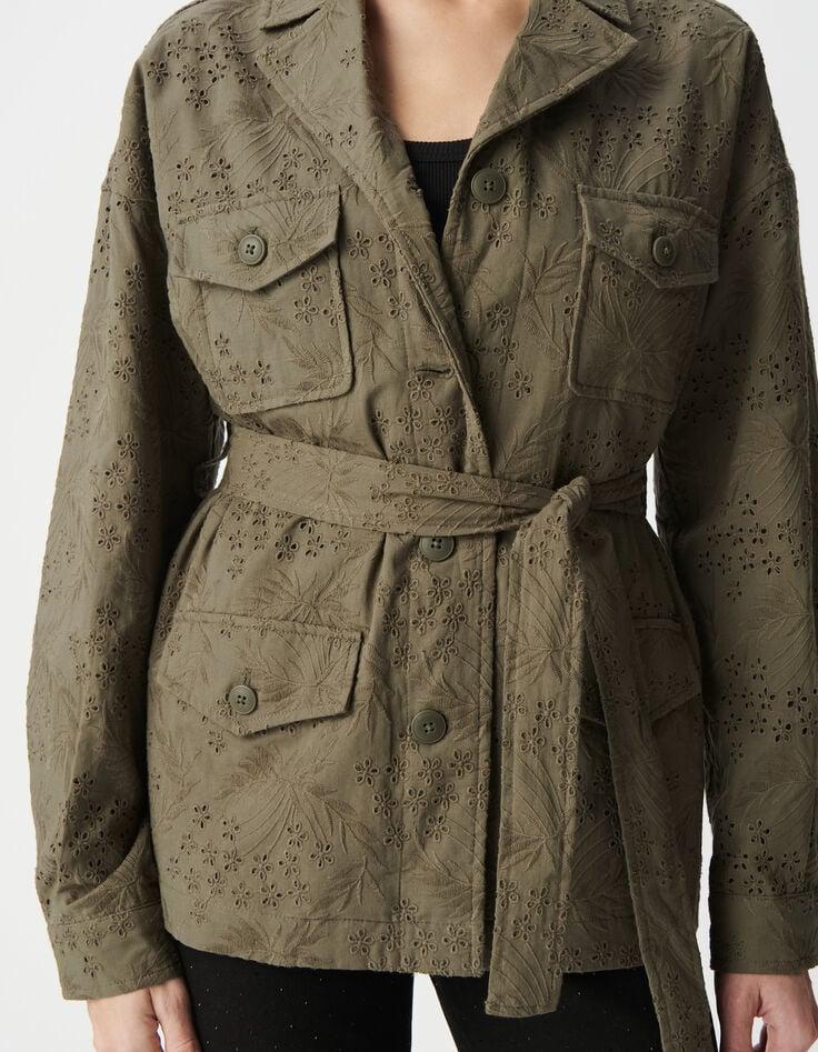 Ikks Veste Saharienne Kaki Coton Bio Broderie Anglaise Femme