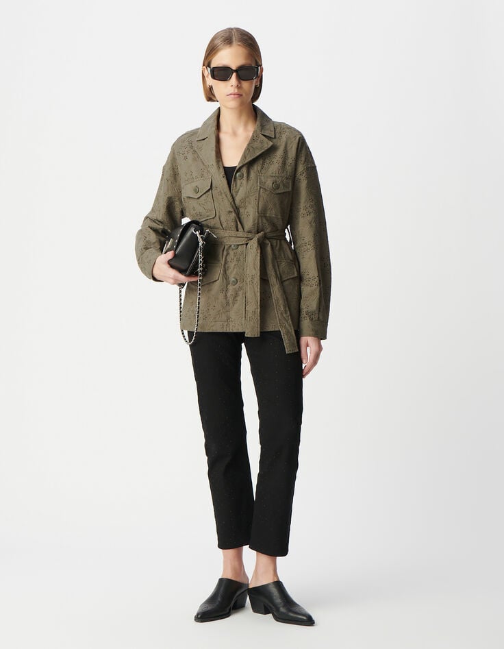 ikks Veste saharienne kaki coton bio broderie anglaise Femme