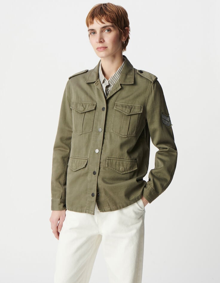 Ikks Veste Saharienne Kaki Décor Chevrons Brodés Femme