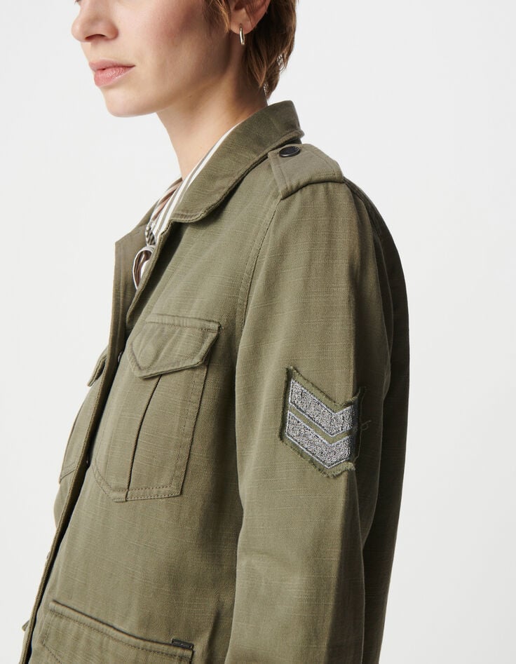 Ikks Veste Saharienne Kaki Décor Chevrons Brodés Femme