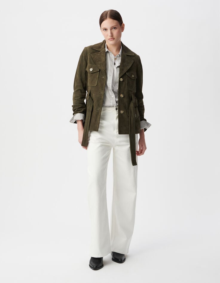 Ikks Veste Saharienne Kaki En Cuir Velours Ceinturée Femme