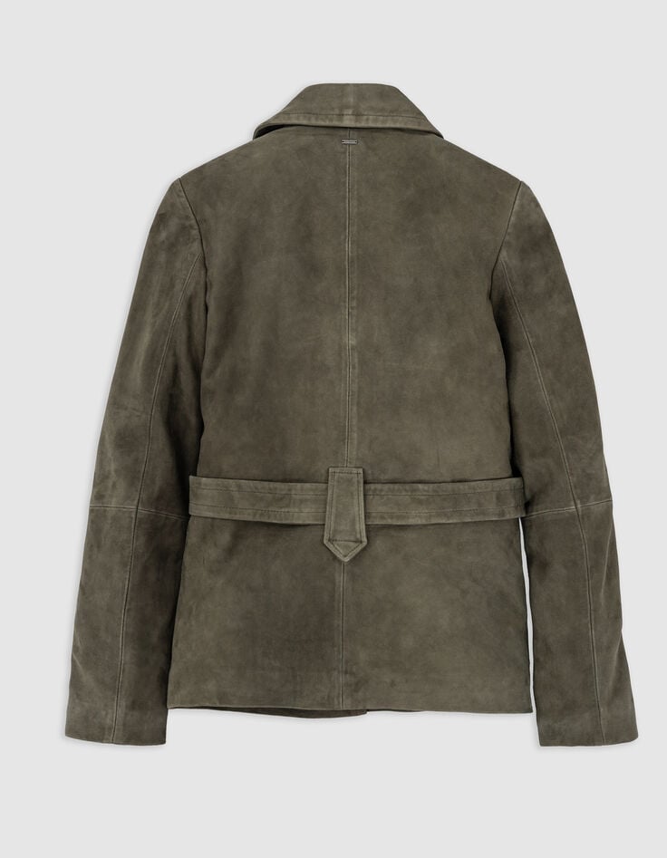 Ikks Veste Saharienne Kaki En Cuir Velours Ceinturée Femme