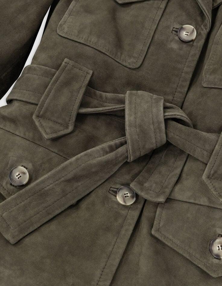 Ikks Veste Saharienne Kaki En Cuir Velours Ceinturée Femme