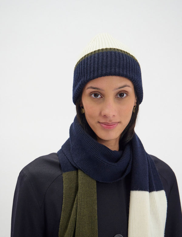 Ines De La Fressange Bonnet Pedro En Maille écru Revers Marine Filet Kaki
