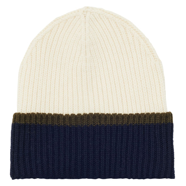 ines de la fressange Bonnet Pedro en maille écru revers marine filet kaki