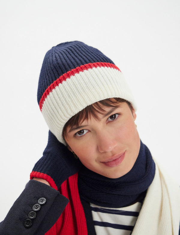 Ines De La Fressange Bonnet Pedro En Maille Marine Revers écru Filet Rouge