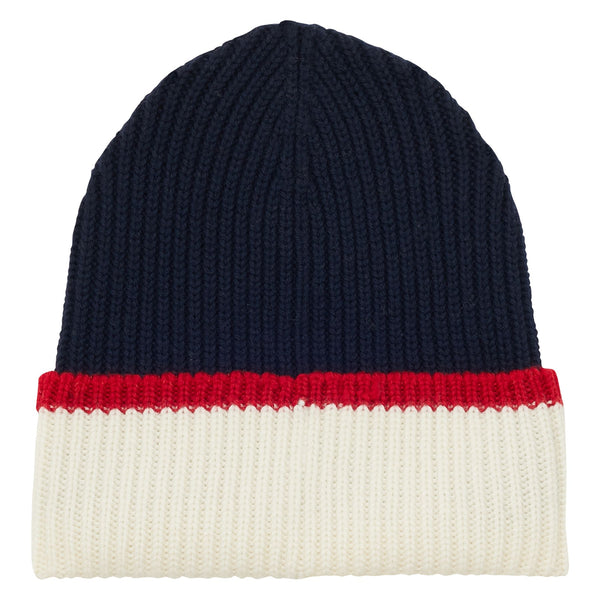 ines de la fressange Bonnet Pedro en maille marine revers écru filet rouge