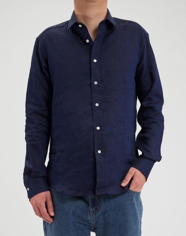 Ines De La Fressange Chemise Pour Homme Olivier En Lin Bleu Marine