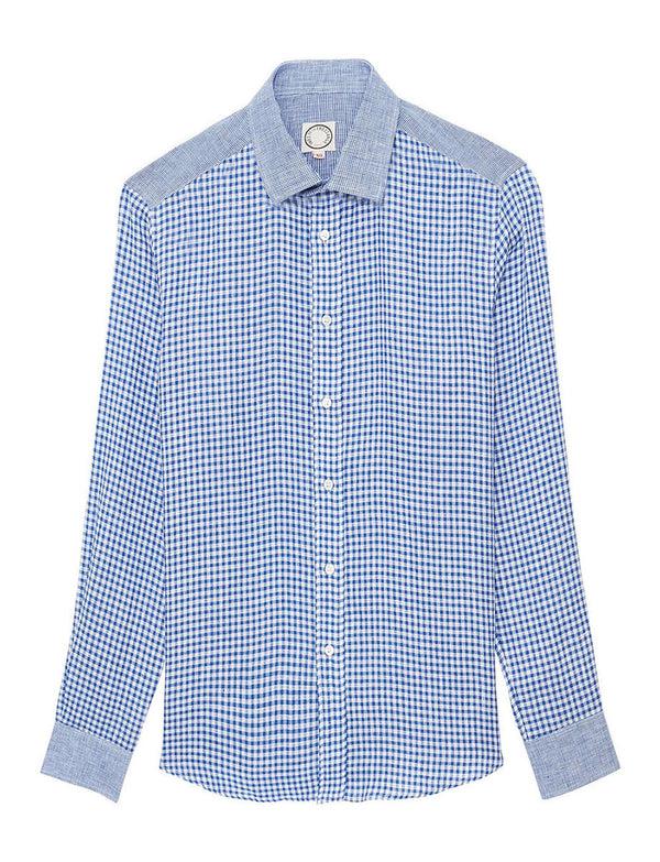 Ines De La Fressange Chemise Pour Homme Olivier En Lin Motif Vichy Bleu Et Empiècements