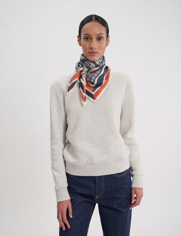 Ines De La Fressange Foulard Lewis En Soie Motif Feuille De Chêne Bleu-ardoise Et Rouge