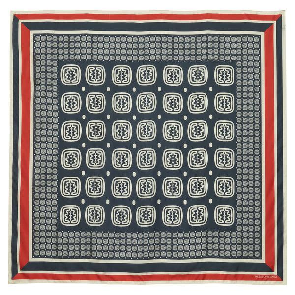 ines de la fressange Foulard Lewis en soie motif feuille de chêne bleu-ardoise et rouge