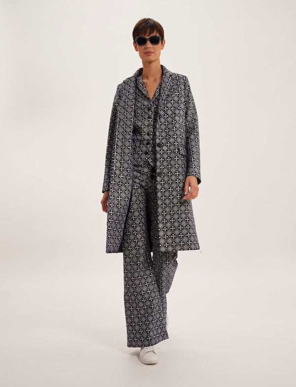 Ines De La Fressange Manteau Franck Brodé Bleu Et Blanc