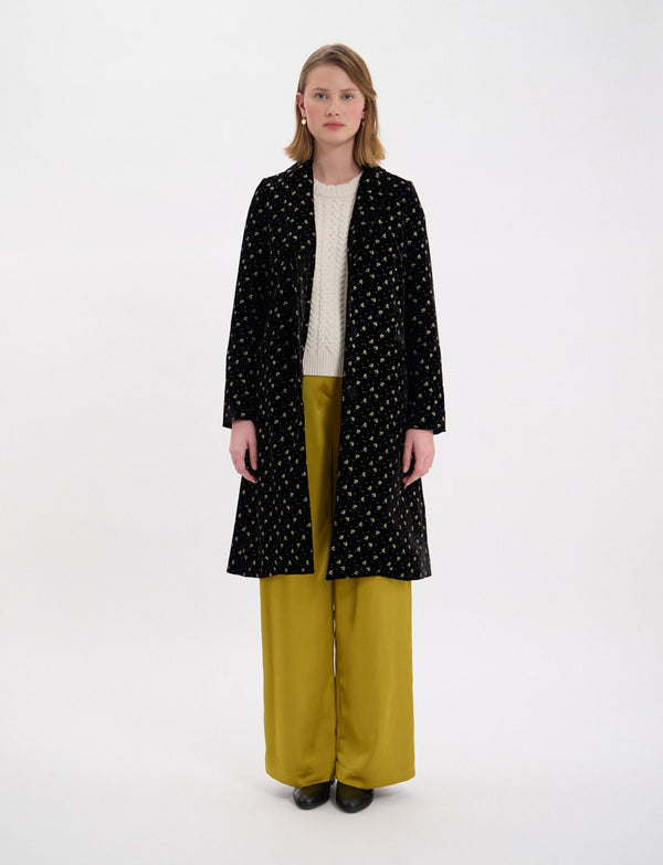 Ines De La Fressange Manteau Franck En Velours Lisse Noir Imprimé Doré