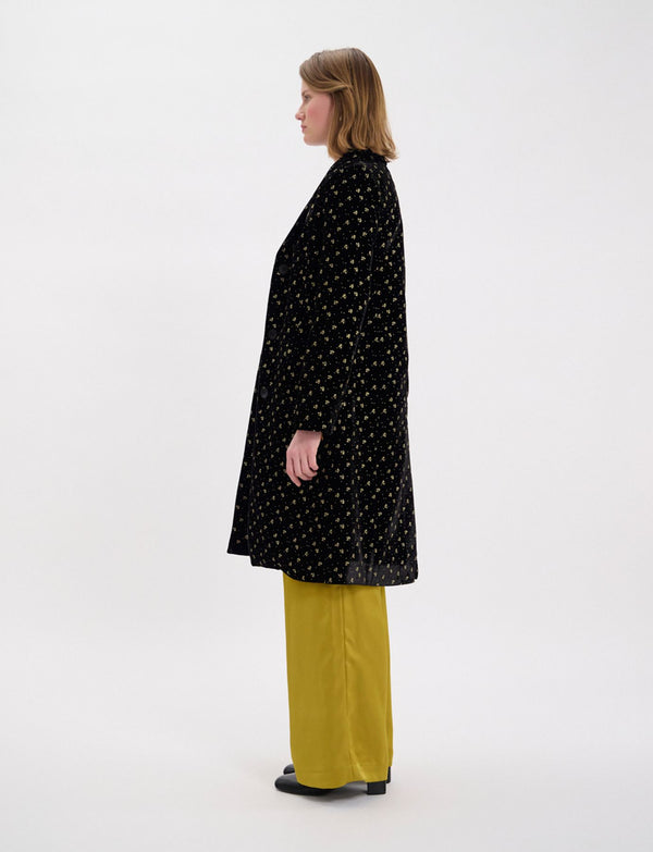 Ines De La Fressange Manteau Franck En Velours Lisse Noir Imprimé Doré