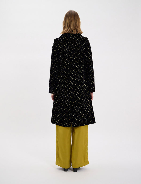 Ines De La Fressange Manteau Franck En Velours Lisse Noir Imprimé Doré