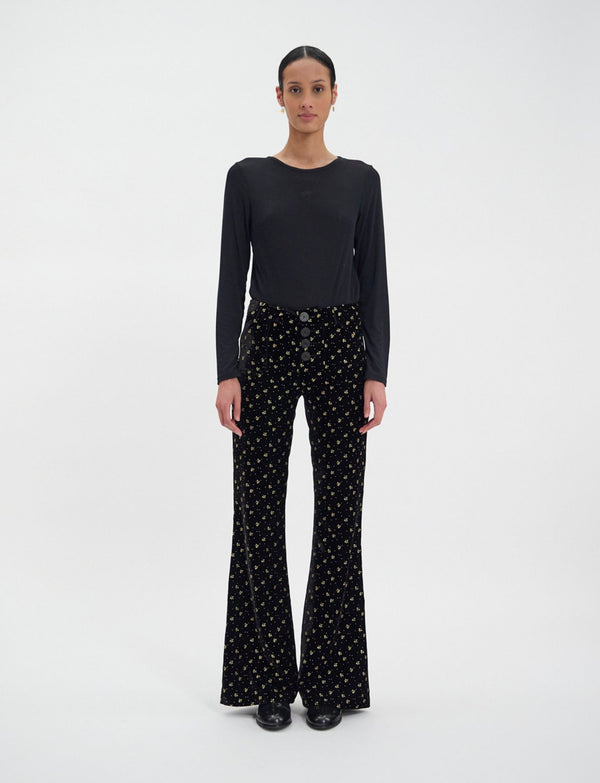 Ines De La Fressange Pantalon Charlotte En Velours Lisse Noir Imprimé Doré