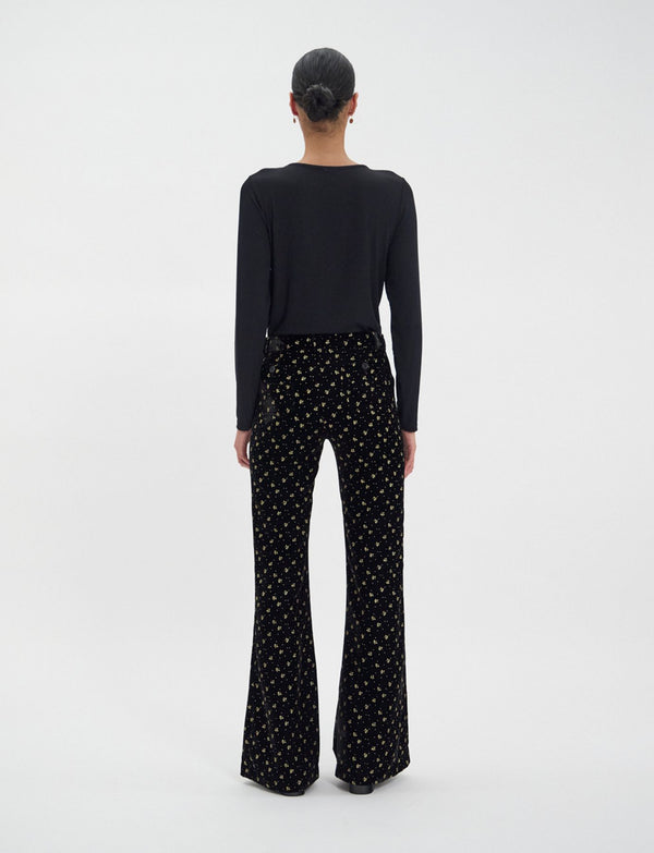 Ines De La Fressange Pantalon Charlotte En Velours Lisse Noir Imprimé Doré