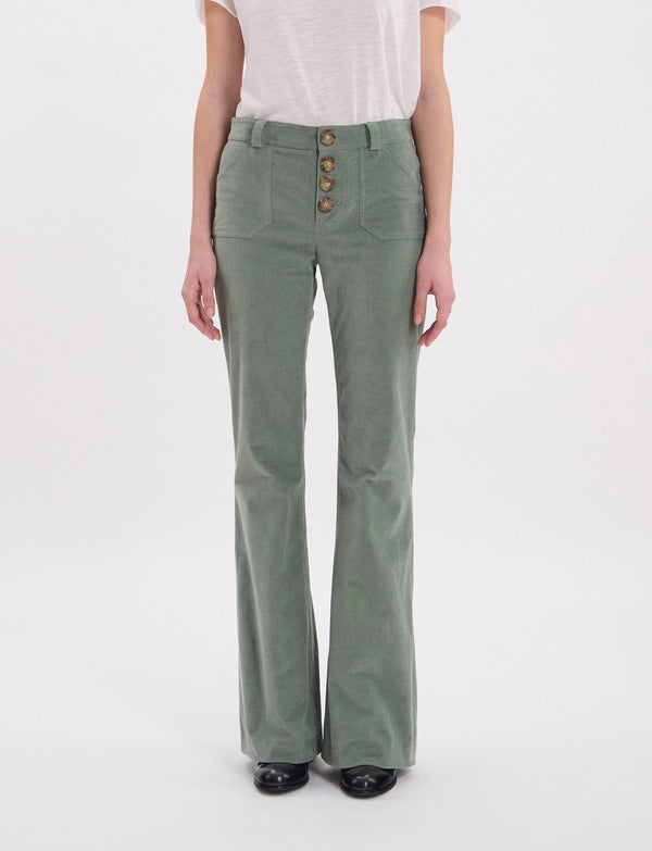 Ines De La Fressange Pantalon Charlotte En Velours Lisse Vert Amande