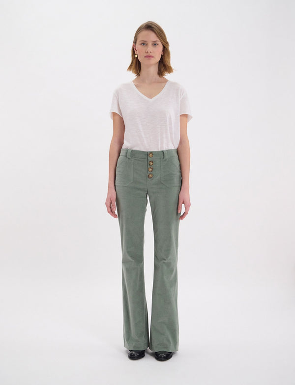 Ines De La Fressange Pantalon Charlotte En Velours Lisse Vert Amande