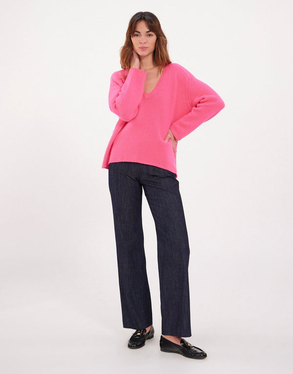 Ines De La Fressange Pull Cachemire Fuchsia Col V Manches Marteau X Notshy