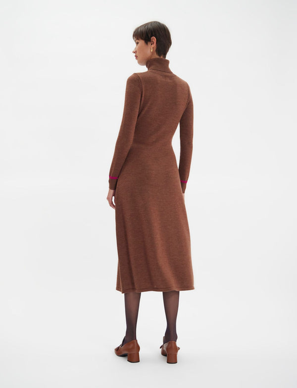 Ines De La Fressange Robe Divine à Col Roulé Marron Liseré Fuchsia