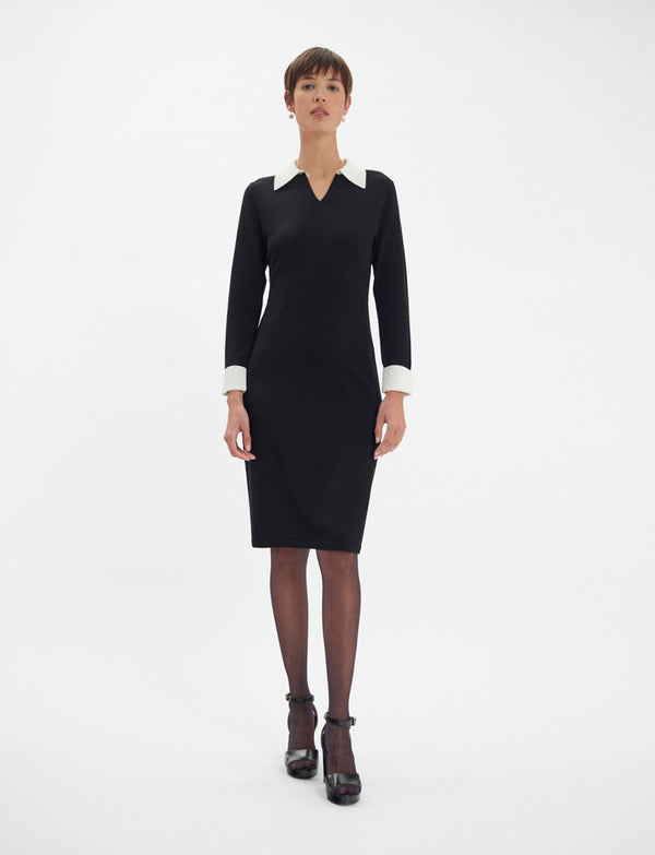 Ines De La Fressange Robe Gabby En Laine Mérinos Noire Poignets Blancs