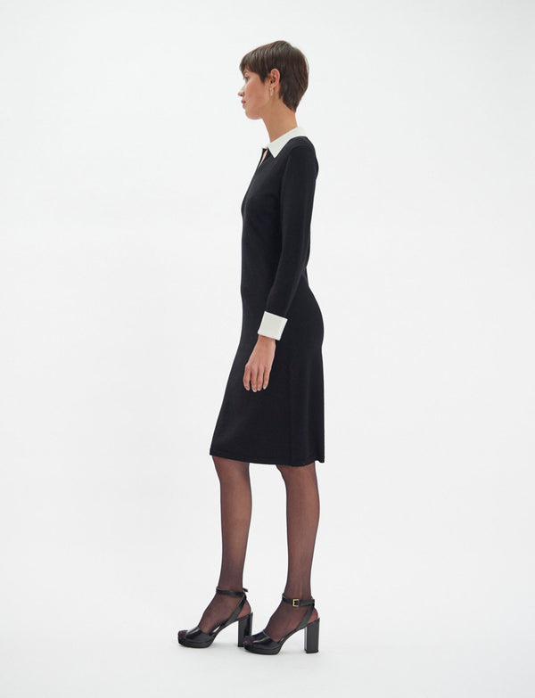 Ines De La Fressange Robe Gabby En Laine Mérinos Noire Poignets Blancs