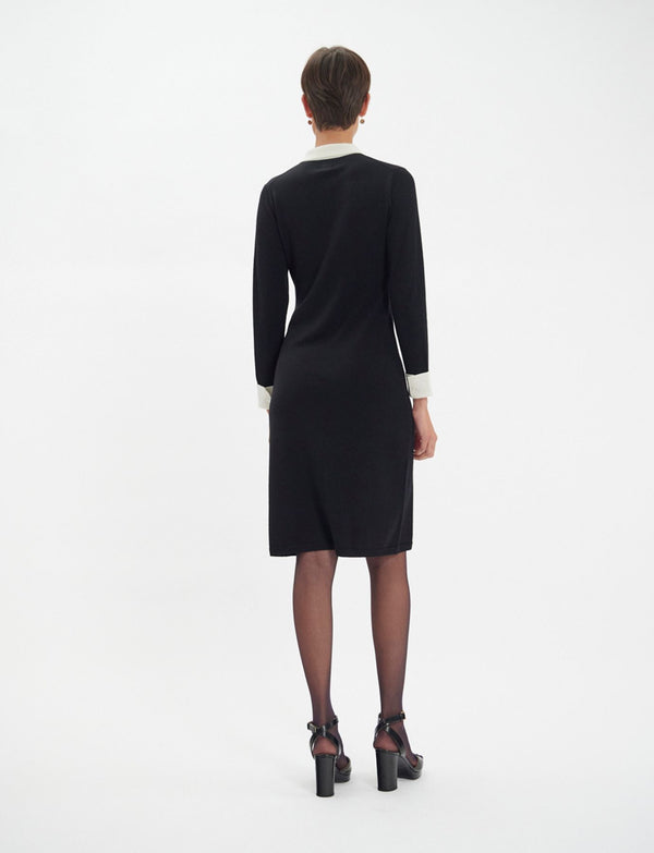 Ines De La Fressange Robe Gabby En Laine Mérinos Noire Poignets Blancs