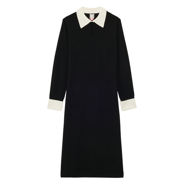 ines de la fressange Robe Gabby en laine mérinos noire poignets blancs
