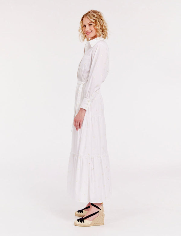 Ines De La Fressange Robe Léna Longue à Volants Blanc Et Tissu Brodé