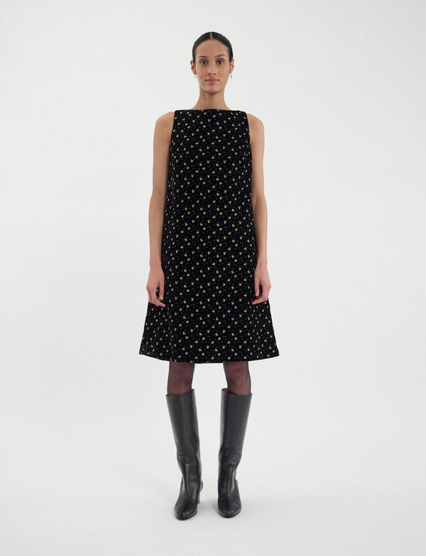 Ines De La Fressange Robe Madeleine En Velours Lisse Noir Imprimé Doré