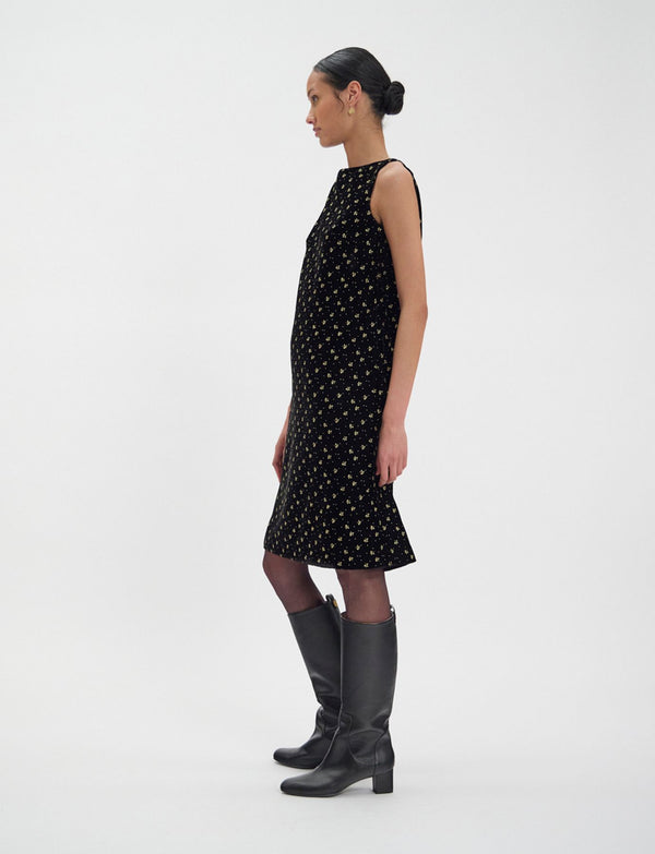 Ines De La Fressange Robe Madeleine En Velours Lisse Noir Imprimé Doré