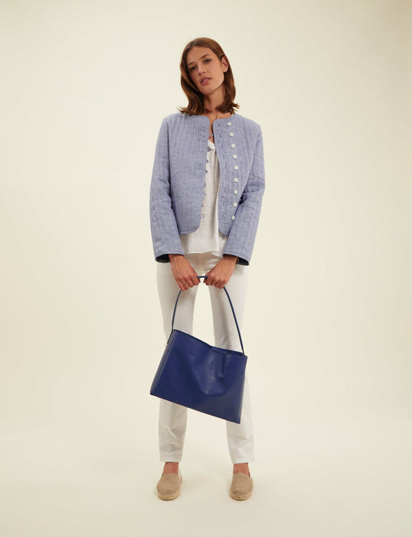 Ines De La Fressange Sac Cabas Cuir Léonore Grand Format Bleu Cobalt