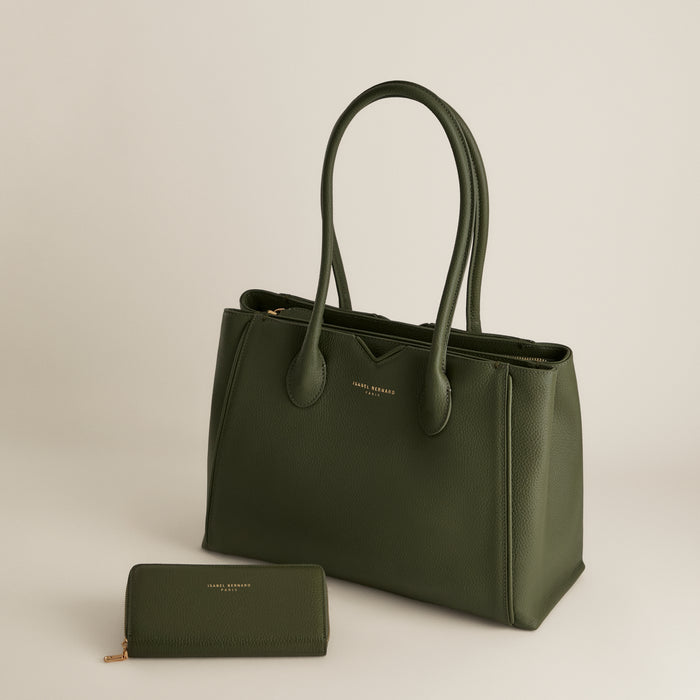 Isabel Bernard Cadeau D'Isabel - Ensemble Cadeau Composé D'un Sac à Main En Cuir De Veau Vert Et D'un Portefeuille à Fermeture éclair