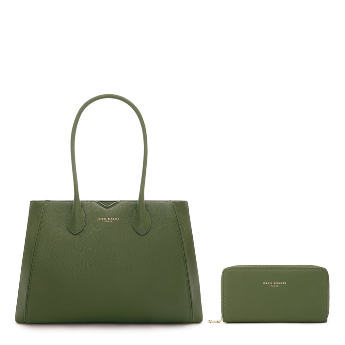 isabel bernard Cadeau d'Isabel - Ensemble cadeau composé d'un sac à main en cuir de veau vert et d'un portefeuille à fermeture éclair