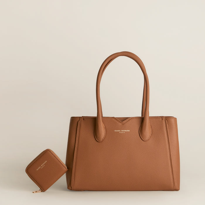 Isabel Bernard Cadeau D'Isabel - Ensemble Cadeau Composé D'un Sac à Main En Cuir De Veau Camel Et D'un Portefeuille à Fermeture éclair