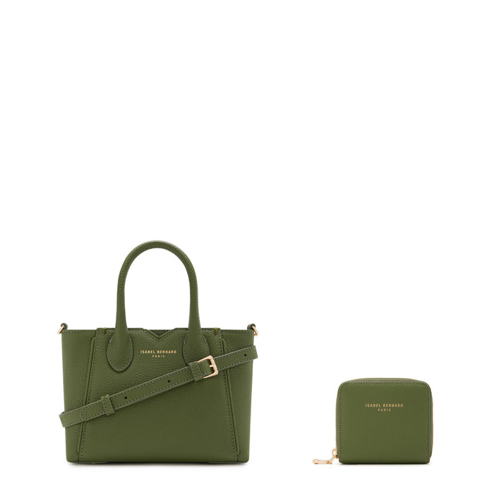 isabel bernard Cadeau d'Isabel - Ensemble cadeau composé d'un sac à main en cuir de veau vert et d'un portefeuille à fermeture éclair